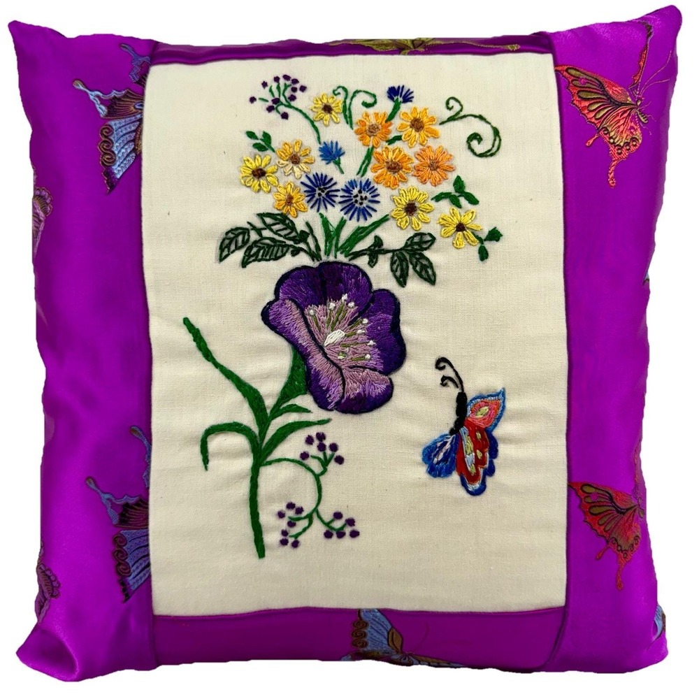 Handmade Embroidered Floral Butterfly Throw Pillow 12x12 Purple Satin EUC‎
